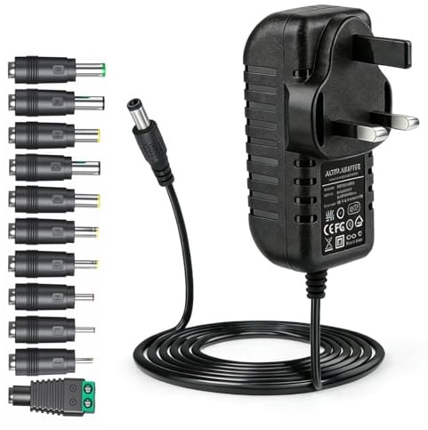 24V 2A Power Adapter AC DC Plug, Universal Power Adapter with 11 Changeable DC Plug Tips, UK Plug AC Adapter for LED Light, Set Top Box, CCTV, Audio Devices, Over Current Protection