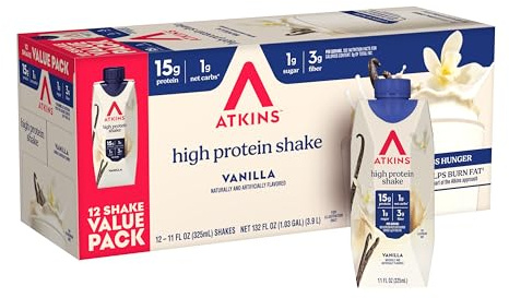 Atkins Vanilla High Protein Shake, 15g Protein, Low Glycemic, Low Carb and Low Sugar Protein Shakes, Keto Friendly Ready to Drink Shakes, 12 Vanilla Flavored Protein Shakes