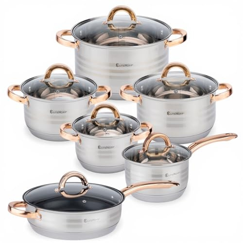 EliteHoff Topfset Induktion, Kochtopf Set mit Glasdeckel, 7-lagiger Edelstahl Topf- & Pfannensets mit Deckel, Griffe in Gold, Kochgeschirr Set für alle Herdarten (12-teilig Gold)