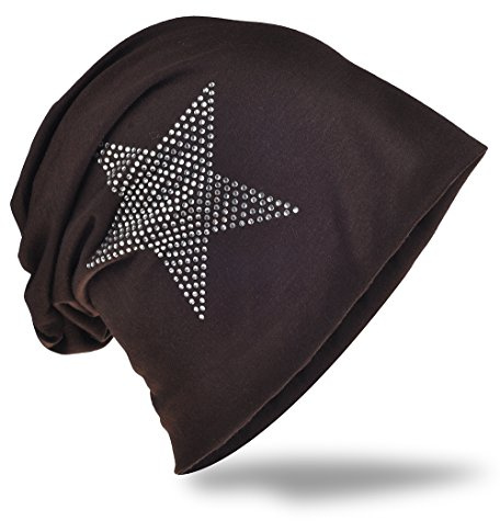 Miobo Jersey Slouch Beanie Long Mütze Stern mit Strass Stern Applikation,Sattelbraun