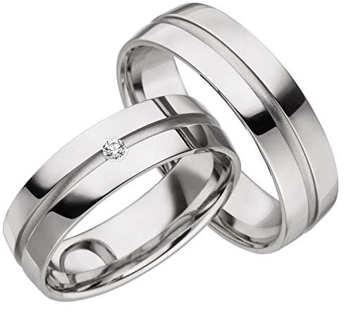 JC Trauringe 925er Sterling Silber Paar-Preis I Ehe-Ringe mit kostenloser Gravur I Verlobungsringe 6 mm breit inkl. Etui-Box I Herren-Ring ohne & Damen-Ring mit Zirkonia-Stein I Gr. 48 bis 72 I A19