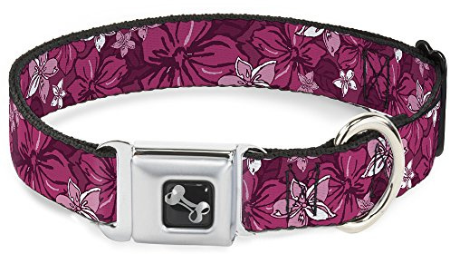 Buckle-Down Seatbelt Buckle Dog Collar - Hibiscus Collage Pink Shades - 1 Wide - Fits 15-26 Neck - Large, DC-W30876-L