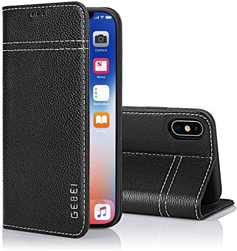 iPhone X Handyhülle,iPhone XS Handyhülle,Gebei Kriegsschiff Serie Echt Ledertasche Klapp-Handy Shell Schutzhülle mit unsichtbare Magnetknopf für iPhone X (Schwarz)