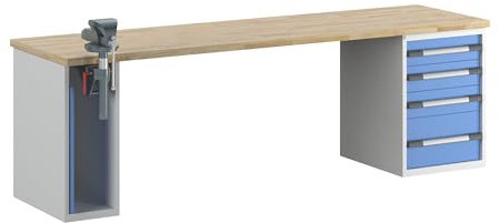 eurokraft | pro | Werkbank | Baukastensystem Serie 7000 | 1 Schrank | 1 Standcontainer je 4 Schubladen | BxT 2500 x 700 mm