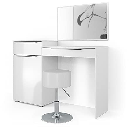 Vicco Schminktisch Lilli, Kosmetiktisch mit Spiegel, Weiß Hochglanz, 135 cm mit Hocker
