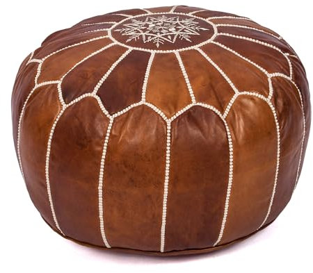 Handgefertigter marokkanischer Echtleder-Pouf-Ottomanbezug – ungefüllter Fußhocker-Ottomane, Boho-Fußstütze unter dem Schreibtisch, runde Ottomane für Wohnzimmer, Schlafzimmer – Einweihungsgeschenke,