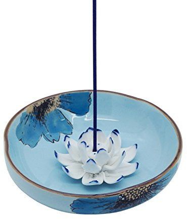 Blue Porcelain Hand Painted Decorative Flower Incense Stick Burner Holder - Ceramic Cone Ash Catcher Bowl Tray