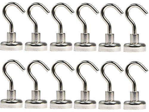 [12 Stück] Magnethaken - Neodym Magnet Haken - 20mm - 12 KG extra Stark -Topfmagnet mit Gewinde M4- Magnethalter mit Haken zum aufhängen - Runde Flachgreifer