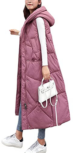 ORANDESIGNE Femme Longue Doudoune sans Manche Gilet Ultra Chaud Légère Veste Manteau Parka Blouson Zippée Capuche Doudoune Fille Hiver Printemps B Rose L