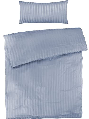 Pure Label Mako Satin Damast Streifen Bettwäsche hellblau 155x220 cm mit Kissenbezug 40x80 cm aus 100% Baumwolle | Traumhaft weiches Mako Satin Bettwäsche Set in Uni