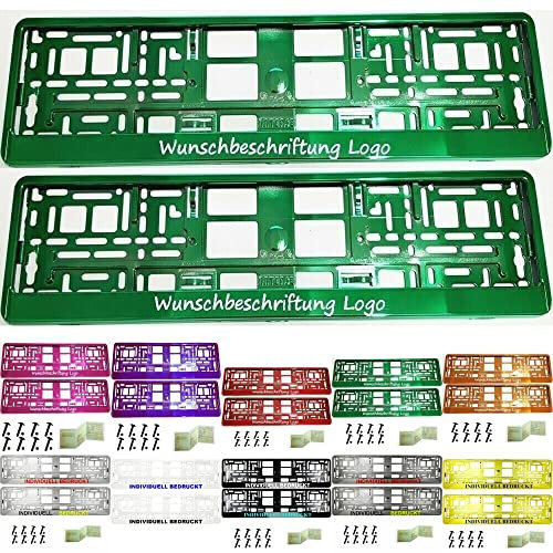 2 Stück Kennzeichenhalter mit Wunschtext Beschriftung Werbung Bedruckt. KOSTELOSE Lieferung (Grün Chrom)