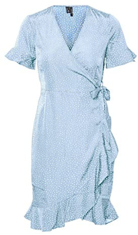 VERO Moda Damen Vmhenna 2/4 Wrap Frill Dress Noos Minikleid, Bleu Clair, L EU