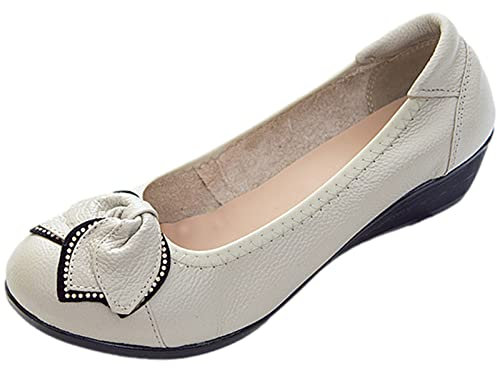 Jamron Women Genuine Leather Comfort Shoes Soft Sole Ballerinas Low Wedge Heel Slippers Grey SN070358 UK5.5