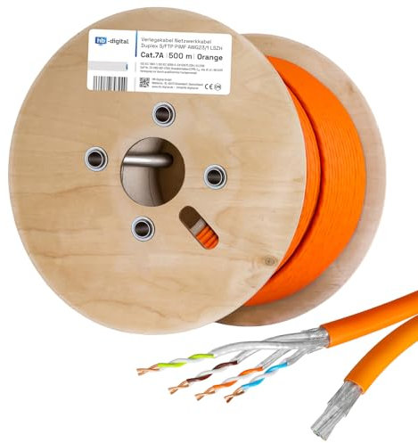 HB-DIGITAL 500m Netzwerkkabel LAN Duplex Verlegekabel Cabel cat.7a max. 1200MHz Reines Kupfer S/FTP PIMF LSZH Halogenfrei RoHS-Compliant AWG23 (2 verbundene Strängen) Orange