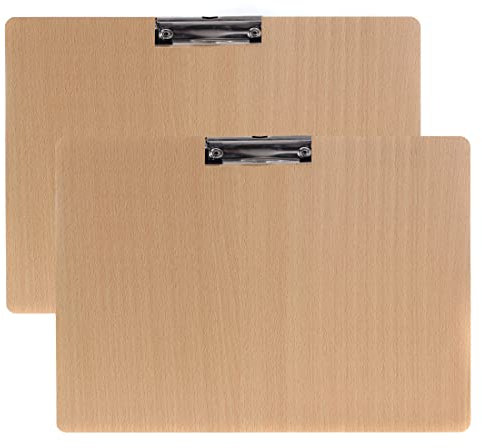 2er Klemmbrett A3 Quer aus Hartholz extra dick 4mm, mit Aufhängeose, Gummierter Metalklemme, Skizzenblock Schreibbrett Clipboard, Qualität Holz Faserplatte, Zwischenablage Schreibblock TKD8009-A3-2X