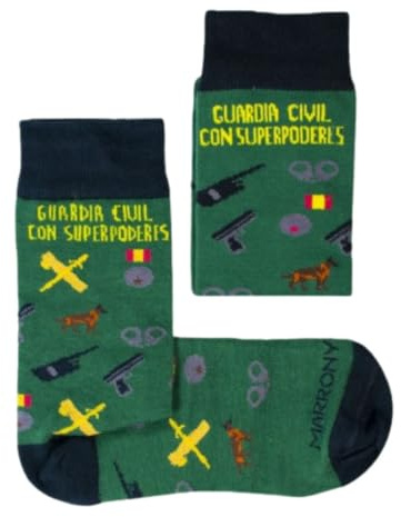 MARRON Y NEGRO - Calcetines Guardia Civil con Superpoderes - Perfectos para Regalar- Divertidos - Calcetines Originales - 80% algodón - Hombre y Mujer