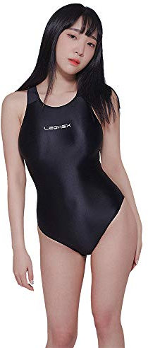 LEOHEX Sexy Satin Hochglanz Body Glänzend Bodysuit Einteiler Badeanzug Japan Skinsuit(L,Black)