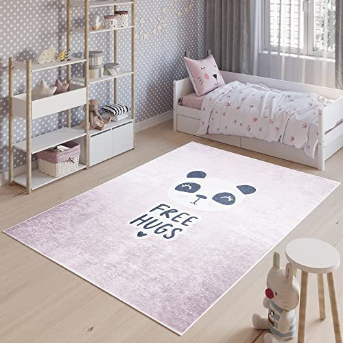 TAPISO Emma Teppich Waschbar bei 30 Grad Rosa Panda bedruckter Kinderteppich Antirutsch Kinderzimmer Jugendzimmer Modern ÖKO-TEX 160 x 230 cm