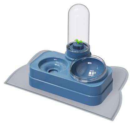 Cat Water and Food Bowl, Tilted Raised Cat Bowl with Gravity Water Dispenser Pet Feeding Station for Cat and Small Dog (Blue)