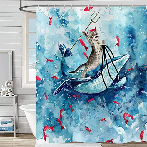 Hnmdmyi Cortina de Baño Divertida Gato 180x200, Cortina de Baño Hilarante Gato Montando Ballena en Ola del Océano Niños Bonitos Acuarela Azul Tela de Poliéster Impermeable Lavable Cortina de Baño