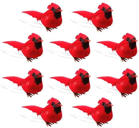 Jasmeko Künstlicher Rotkehlchen-Vogel zum Anklemmen – roter Kardinal, Weihnachtsbaum-Dekoration, Vogel-Bastelsets für Baum, Haus, Garten, Party-Dekorationen im Freien (B1-10Pcs-Cardinal)