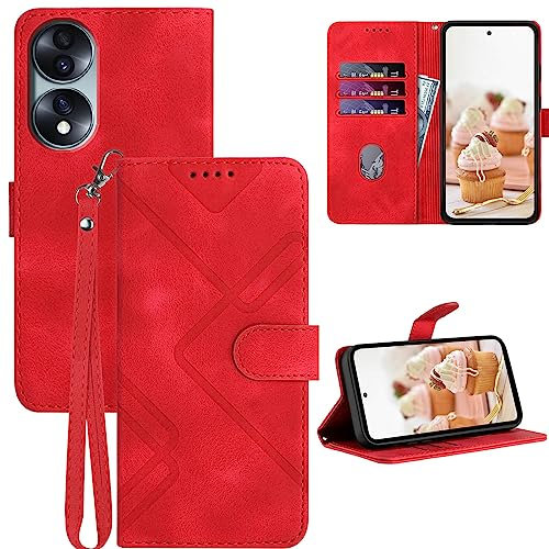 GOTOURED for Honor 70 Phone Case Wallet, Card Holder Leather, Wrist Strap, Magnetic Closure, Kickstand, Shockproof Protective Pattern Flip Cover (Red)