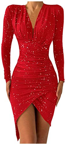 Sequin Split Glitter Red Women's Sexy Ball A Line V-Neck Long Sleeve Mini Short Tight Wrap Bodycon Personalities Cocktail Dress for Night Club Party, Red, S