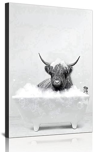 QPLGTU Badezimmer Haus Hintergrund Wanddekoration Poster, Schwarz und weiß Hochland Vieh Tier Dekoration Fotos Tapete, lustige Tier Druck Poster, Rahmenlos (Badewanne Kuh, 40x60cm)