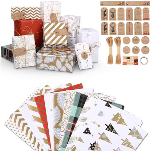 SOBEAU 12 Blatt Geschenkpapier Weihnachten, 70x50cm Geschenkverpackung Mit Klebeband, Hanfseile Kraftpapieranhänger, Geschenkpapier Set Für Kinder, Geburtstagspapier