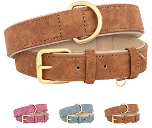 Beirui Weich gepolstertes Leder-Hundehalsband für Hunde,bequem,strapazierfähig,für kleine,mittelgroße und große Hunde,Lederhalsband mit hochwertigen Legierungsbeschlägen für den täglichen,Braun,L