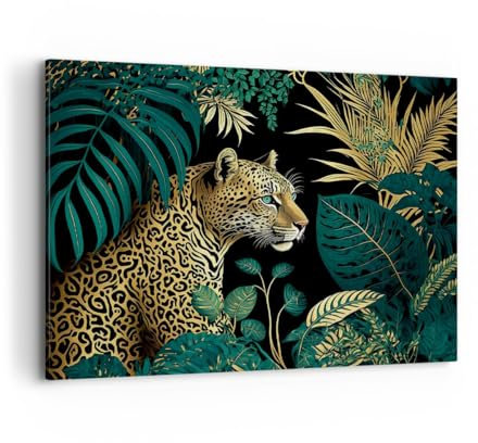 Bilder auf Leinwand 100x70cm Leinwandbild Leopard Dschungel Tropisch Groß Wanddeko Bild Schlafzimmer Küche Deko Wandbilder Dekoration Wohnzimmer Wall Decor Canvas Wand Kunstdruck Art AA100x70-5720