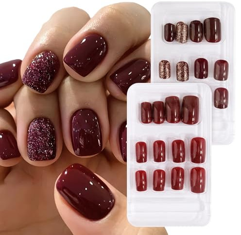 48pcs Faux Ongles Court Nail Ongle Couverture Complète Rouge en ABS Transfert Pochoir Décoration DIY Accessoire de Manucure pour Femme Fille Fête