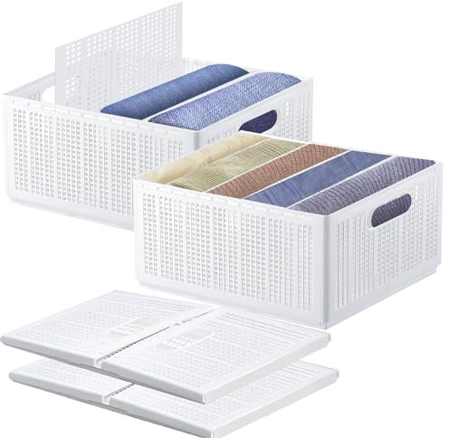 Faltbaren Kleiderschrank Organizer, 2 Stück Schrank Organizer Kleiderschrank, Organizer Schrank mit Bewegliche Trennwände, Stapelbare Ordnungssystem Kleiderschrank für Zuhause Schlafzimmer Bad (Weiß)