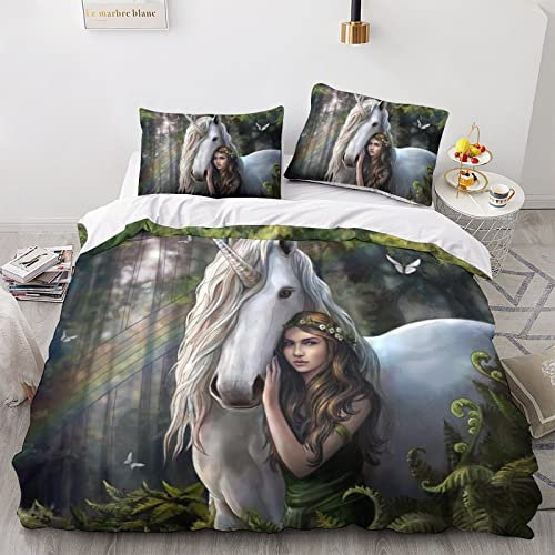 EVMILA Anne Stokes Bettwäschegarnitur 3D Gedruckter Bettbezug Set Für Kinder Mädchen Jungen Weich Microfaser Reissverschluss Und Kissenbezüge Bettwäsche 3 Teilig Double(200x200cm)