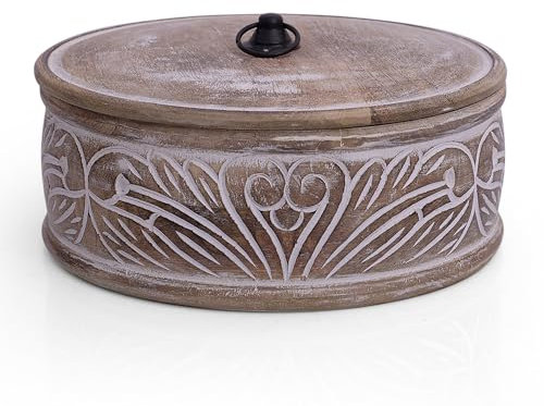 Handcrafted Wooden Mexican Tortilla Warmer Basket Indian Chapati Roti Bread Holder Box Pancake Keeper Serveware Hot Pot Casserole Dish With Lid Home Kitchen Dining Decor, Natural Brown, 22 x 8 cms