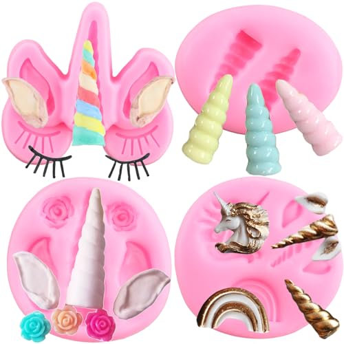 RFGHAC Moldes de silicona de unicornio con orejas de unicornio, cuerno, arco iris, rosa, flores, fondant, para decoración de cupcakes, arcilla polimérica, chocolate, goma de mascar, decoración de