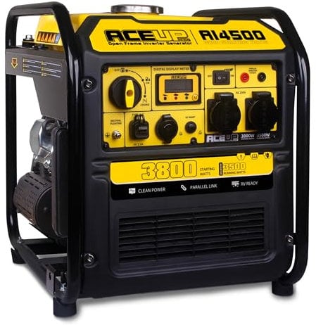 Aceup Energy Group Electrogene, Generador de Gasolina Inverter, Generador de Rescate 3800W con enchufes USB y 230V 12V, Pantalla Digital, Paralelo, Motor 4 Tiempos, Refrigerado por Aire