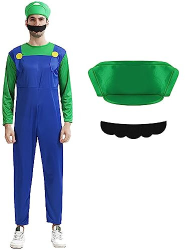 Mari Kostüm Erwachsene Kinder, Kostüm mit Bodysuit, Luigi Cap, Hose und Handschuhen, Karneval Halloween Cosplay Kostüm Dekoration für Junge Mädchen Kinder Erwachsene(Grün,M)