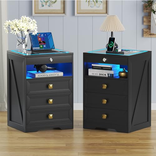 Gurexl Led Nachtschrank 2er Set mit Beleuchtung, Smart Nachttisch mit Ladefunktion, RGB 3 Licht Dimmbar, Intelligent Sideboard mit 4 Schubladen USB Type-C Mit Schloss Schlafzimmer Wohnzimmer Schwarz