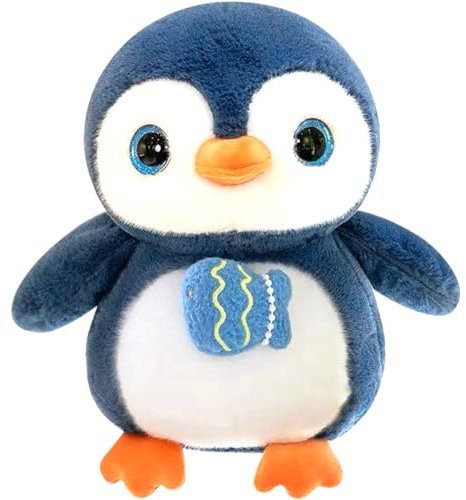 MOPQMKT Kuscheltier Pinguin Kawaii Plüschtier P-inguin mit Fisch Pinguin P-lüschtier für Kinder Plüschpinguin Geschenke für Jungen Mädchen Unisex Kinder P-inguin Kissen P-lüschtier (Blau 23cm)