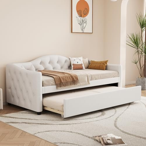 Daybettt, 90x200cm Tagesbett mit ausziehbarem Bett,Schlafsofa, Einzelbett(Ohne Matratze), Leinen, minimalistisches Styling (beige)
