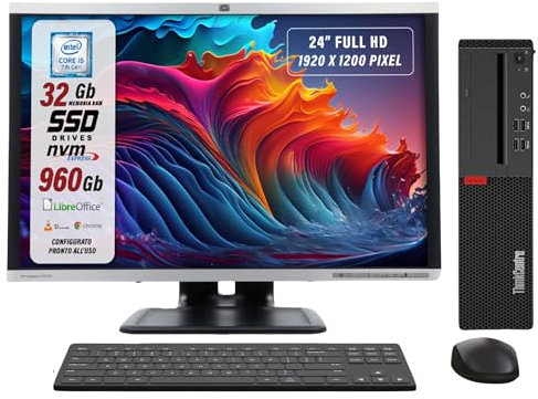 Lenovo, Postazione Completa, Pc Desktop Intel i5-6th 4 Core, Ram 32Gb SSD 960Gb, Monitor 24 FHD, Win 10 e Libre Office, Compreso di Mouse e Tastiera (Ricondizionato)