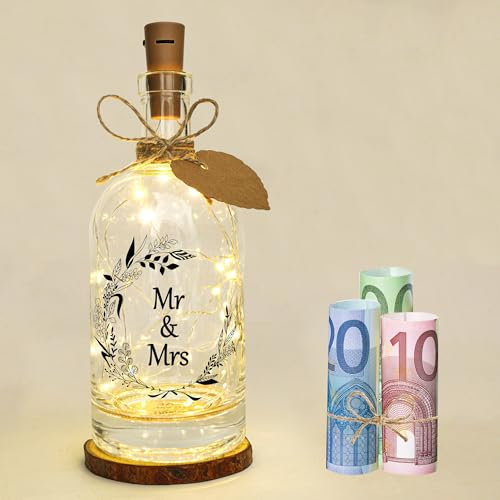 Seutgjie Hochzeitsgeschenke für Brautpaar, Geldgeschenke zur Hochzeit Mr & Mrs Deko LED Flaschenlicht mit Spruch Originelle Personalisiert Wedding Gift