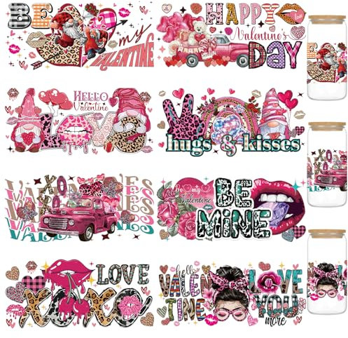 Valentines UV DTF Cup Wrap – 8 Blatt rosa Zwerg UV DTF Cup Wraps für 473 ml Glas, wasserdichte Transferaufkleber, Kaffeetassen, Abziehbilder, Basteln, Happy Valentine's Day, UVDTF