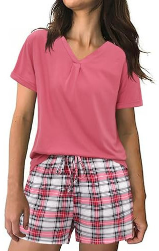Jezonga Pyjamas Femme Ete Coton Ensembles de Pyjama Court Vêtements de Nuit Manches Courtes Col V avec Poches Latérales Rouge M