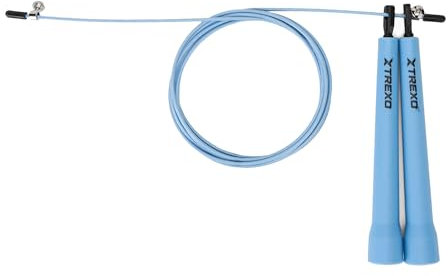 TREXO Basic+ Comba para saltar fitness en color azul con longitud ajustable hasta 300 cm, ideal para ejercicios cardiovasculares y de fitness, de polipropileno y acero, ligera y cómoda de usar con