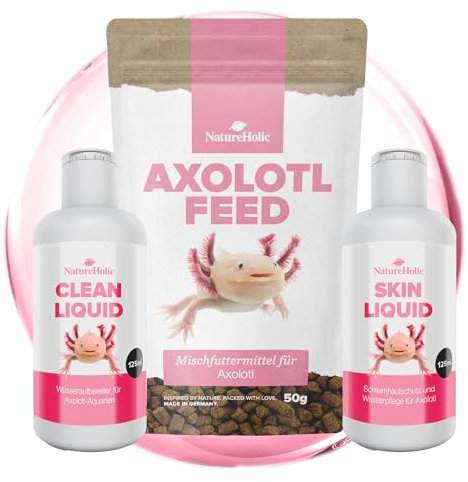 NatureHolic Axolotl Pflege-Set | Komplett-Set für Axolotl mit Futter & Wasserpflege | Weiches Softfutter, natürlicher Schleimhautschutz & Wasseraufbereiter | Für eine gesunde Haltung im Lotl-Aquarium