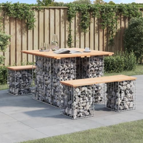 Gartenbank 100x102x72 cm, mit Gabionen-Untergestell, Sitzfläche aus massivem Kiefernholz, Outdoor Sitzbank für Garten Terrasse Balkon, rustikal, wetterfest