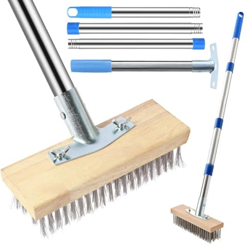 Stainless Steel Wire Broom, 63 Inch Heavy Duty Deck Scrub Brush with Long Handle Metal Bristle Brush for Removing Weed Moss Algae for Patio, Deck, Garden, Outdoor