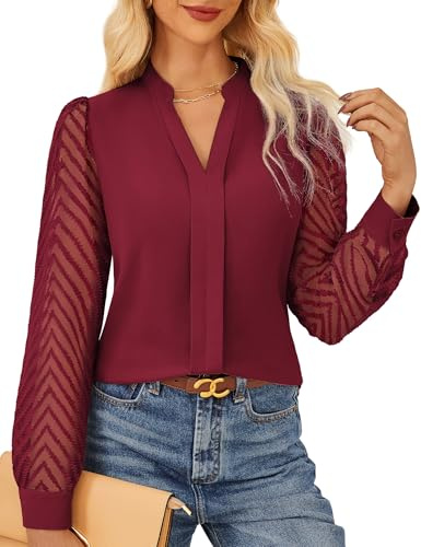 GRACE KARIN Women's Elegant Blouse Textured Semi-Sheer Sleeves Office Work Shirt Classic Henry V Neck Tops